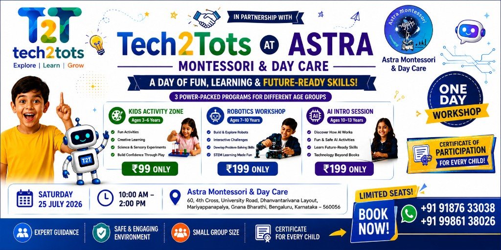 Tech2Tots at Astra Montessori event banner — programs, date, venue and pricing